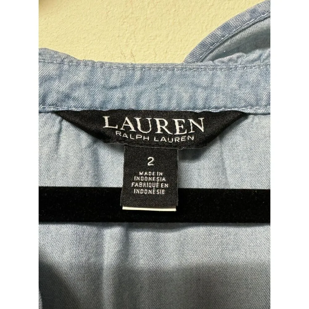 NWOT - Lauren Ralph Lauren Chambray Ruffle Keyhole Tie Front Midi Dress, Sz 2